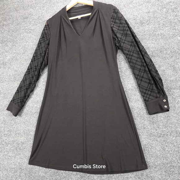 Tommy Hilfiger Dress Womens 10 Black V-Neck Long Sleeve Sheer Flocked A-Line - Picture 3 of 16